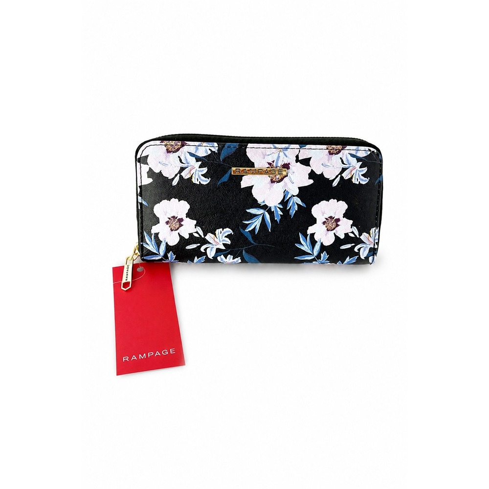 Rampage Cottagecore Blush Floral Zip Around Wallet Clutch Black Faux Leather NWT